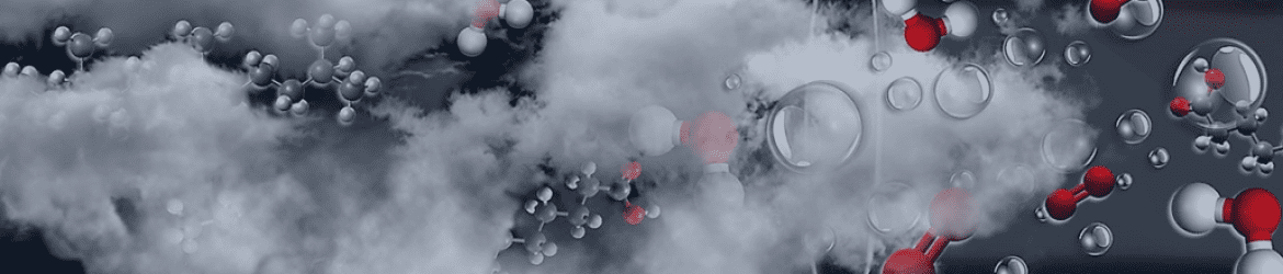 A 3D illustration of water vapor molecules in a cloud, depicting various water and hydrogen molecules in a misty environment.