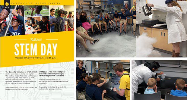 STEM Day event at UCF with students observing science experiments, including liquid nitrogen demonstrations, in a classroom and laboratory setting.