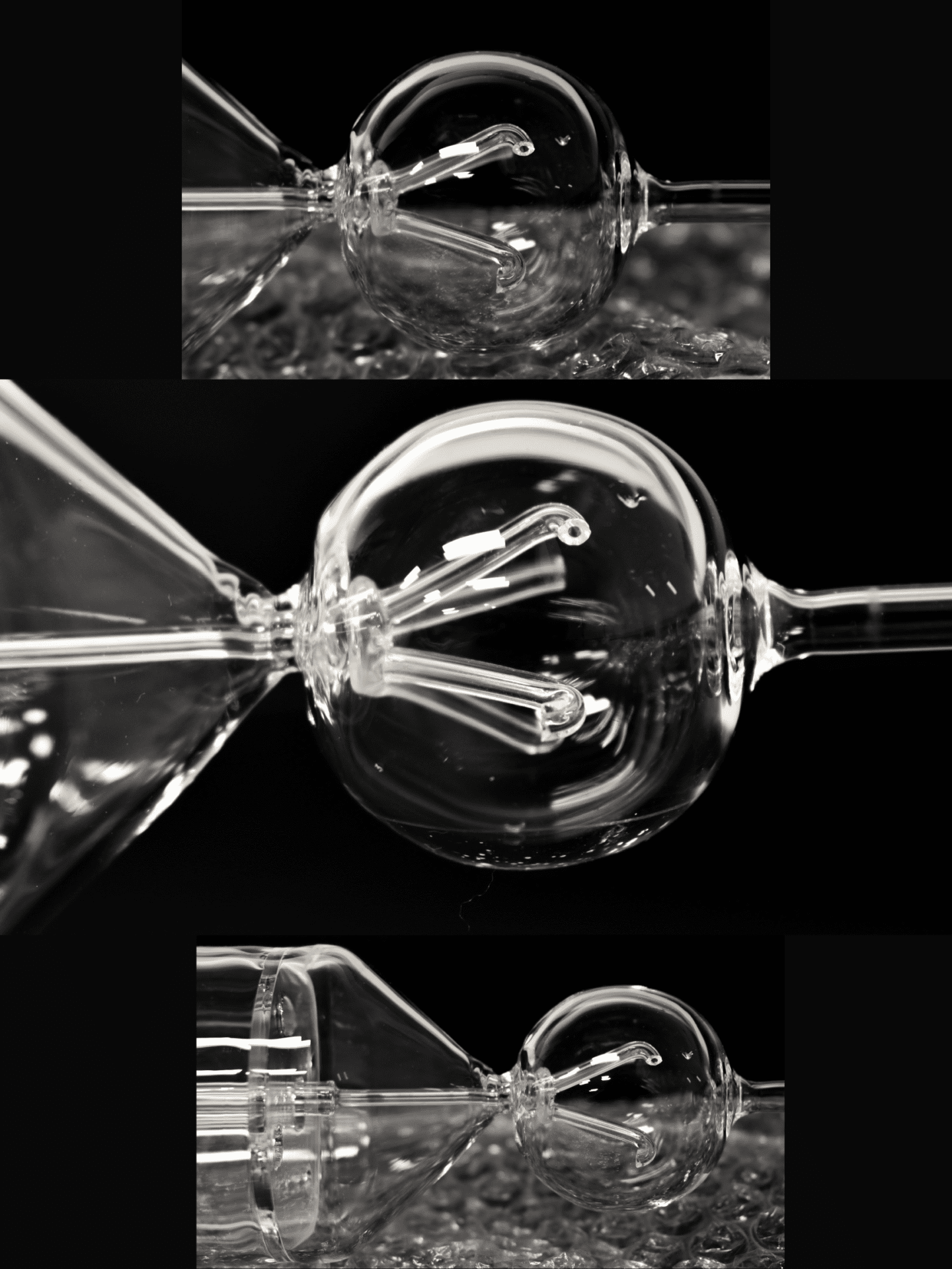 Three close-up views of a clear glass object with intricate internal tubes, photographed against a black background.