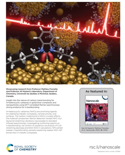 A scientific illustration showcasing carbon-metal bonds for nanoelectronics applications, featuring Professor Mathieu Frenette's research. Includes a "As featured in: Nanoscale" label and publication details.