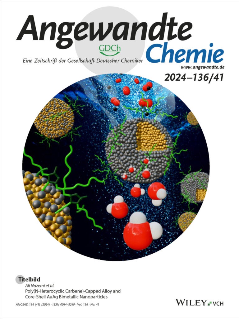 Cover of "Angewandte Chemie" journal showing an artistic molecular illustration of nanoparticles and chemical structures against a dark background.