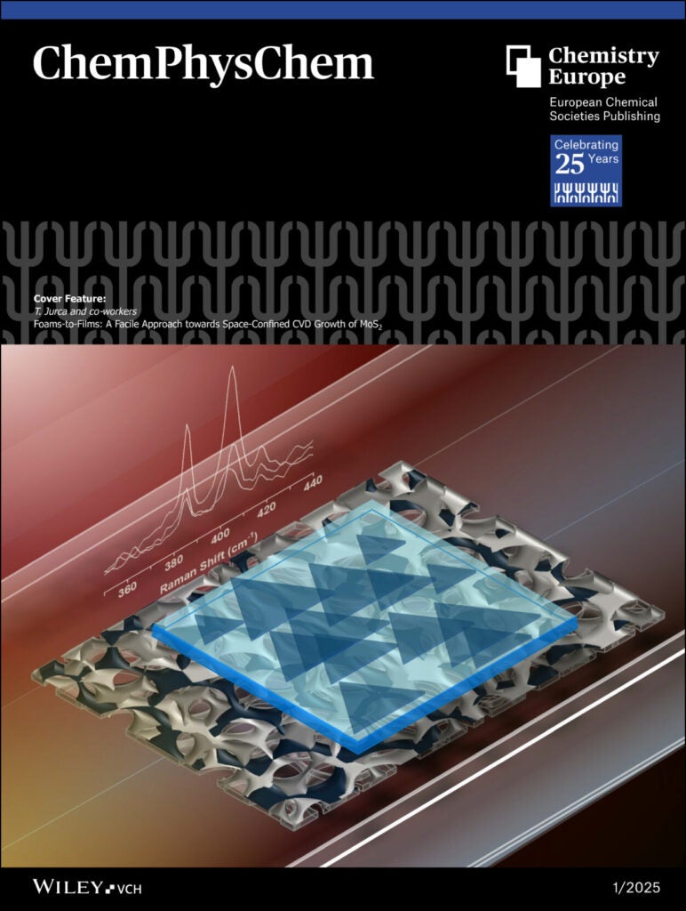 A scientific journal cover features a 3D illustration of layered crystal structures on a metallic surface with a spectral graph overlay.