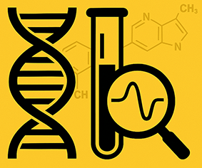 Illustration of a DNA double helix, a test tube, and a magnifying glass with a waveform, set against a yellow background with faint molecular structures.