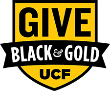 Gold Shield with text that says GIVE BLACK & GOLD UCF