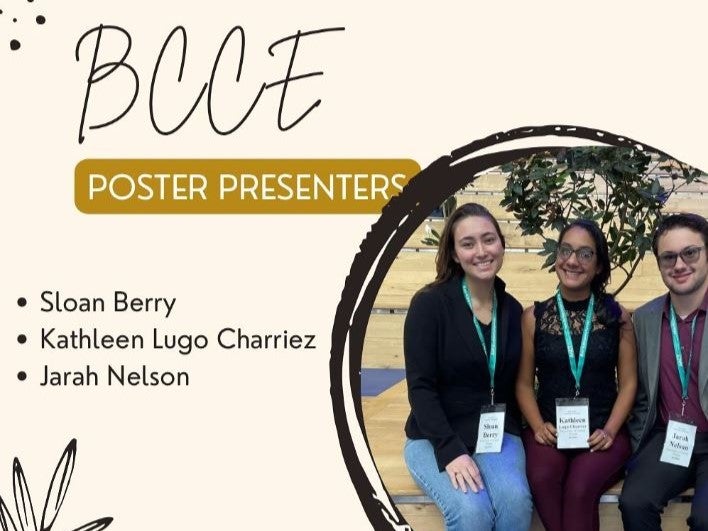 Three individuals, Sloan Berry, Kathleen Lugo Charriez, and Jarah Nelson, are sitting together wearing name badges under a banner that reads "BCCE Poster Presenters," representing UCF chemistry education.