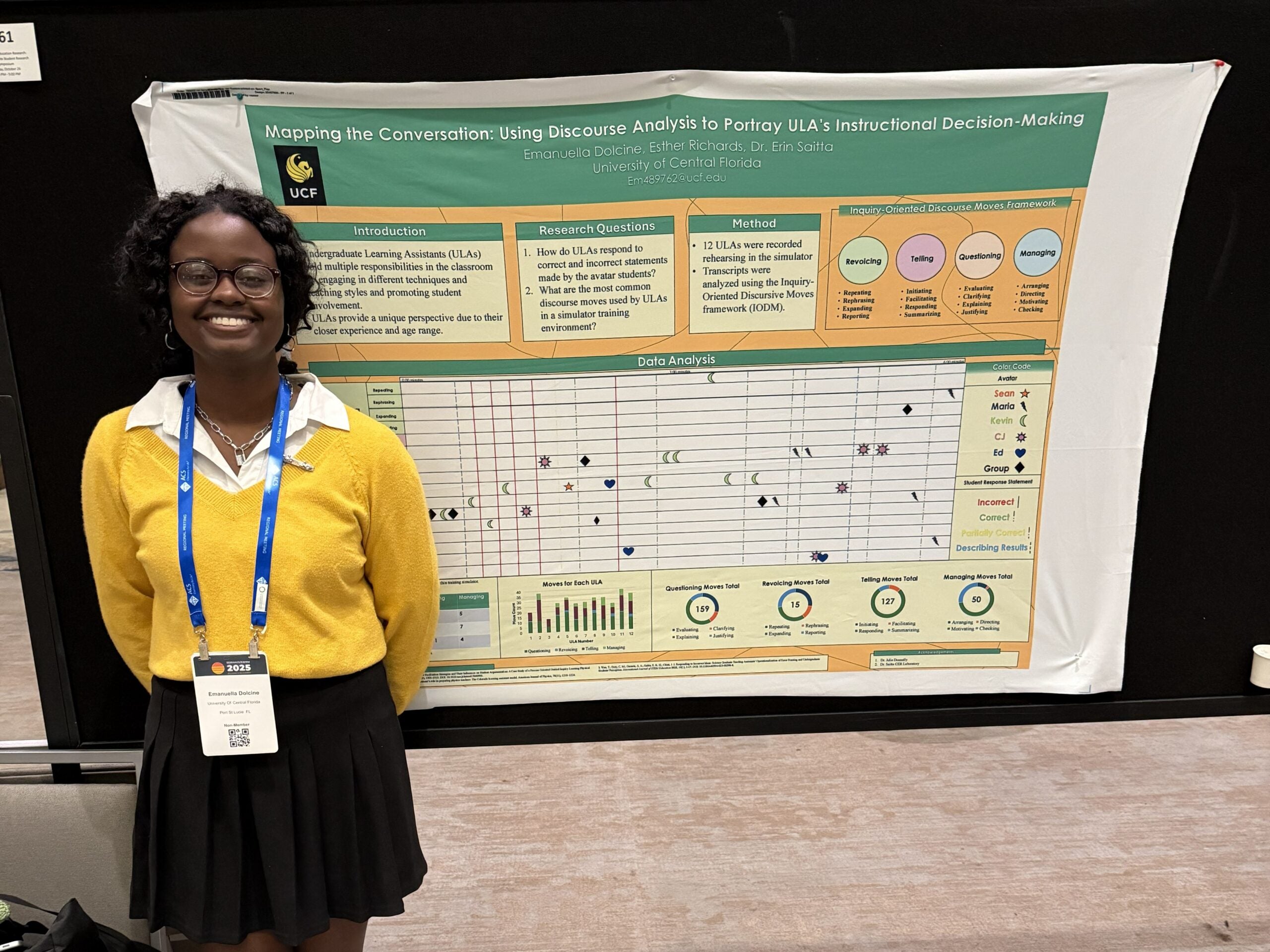 A woman stands smiling in front of a research poster titled "Mapping the Conversation: Using Discourse Analysis to Portray ULA’s Instructional Decision-Making" at a UCF chemistry education event.