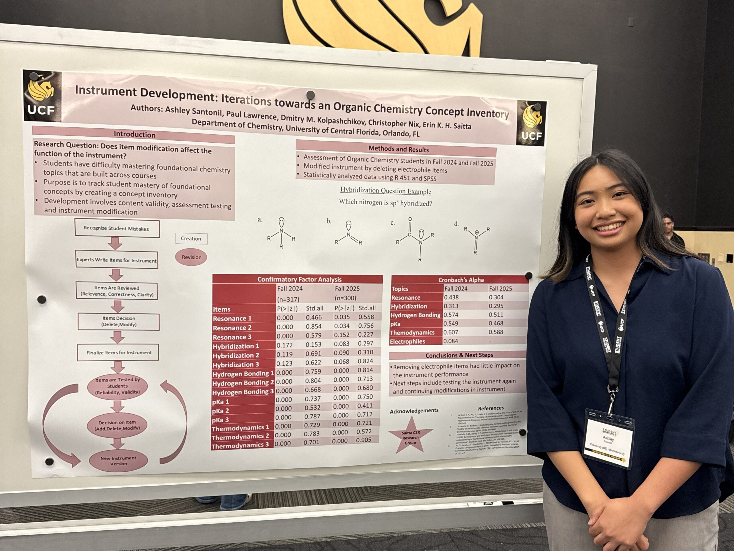 A woman stands next to a research poster titled "Instrument Development: Iterations towards an Organic Chemistry Concept Inventory," highlighting UCF chemistry education at a conference event.