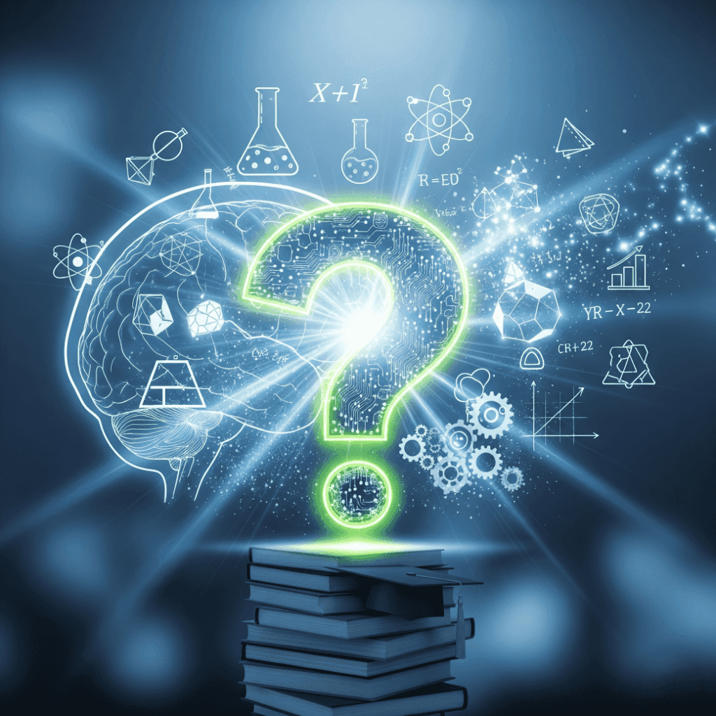 A glowing question mark hovers over a stack of books, with a digital brain and scientific symbols in the background, representing knowledge and inquiry.