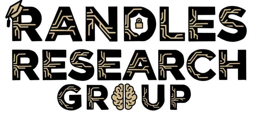 Text logo reading "Randles Research Group" with stylized circuit-like lines, a graduation cap on the "R," a lock in the "O," and a brain graphic in the "U.