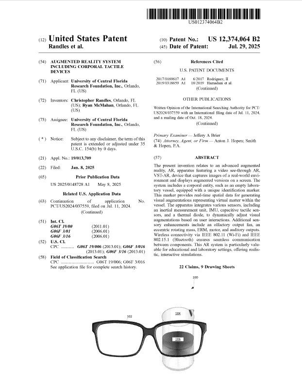 A patent document for an augmented reality system with a diagram of eyeglasses featuring a highlighted tactile feedback device on the right temple.
