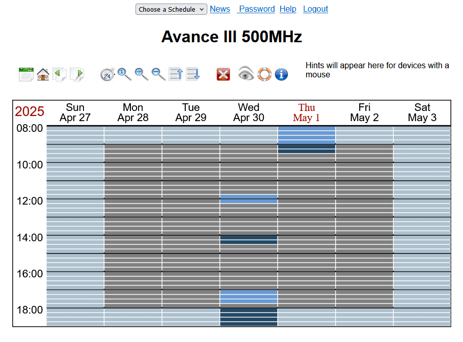 A weekly schedule for Avance III 500MHz from April 27 to May 3, 2025, shows time slots from 08:00 to 18:00, with various slots marked in gray and a few in blue.