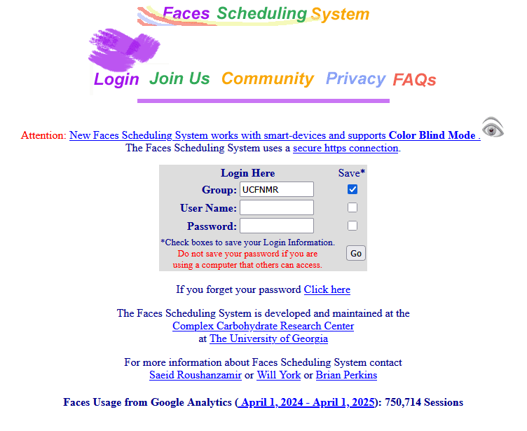 Screenshot of a login page for the Faces Scheduling System, showing input fields for user name and password, links for info and color blind mode, and usage statistics at the bottom.
