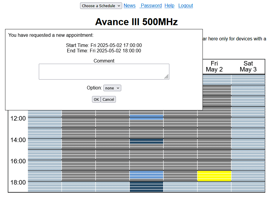 A scheduling page for "Avance III 500MHz" displays a pop-up for a new appointment and a visible calendar with time slots, including some highlighted in yellow and blue.