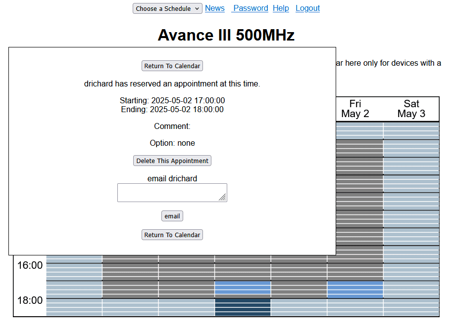 A web page showing an appointment confirmation for drichard, reserved from May 2, 2025, 17:00 to 18:00, with a calendar grid in the background.