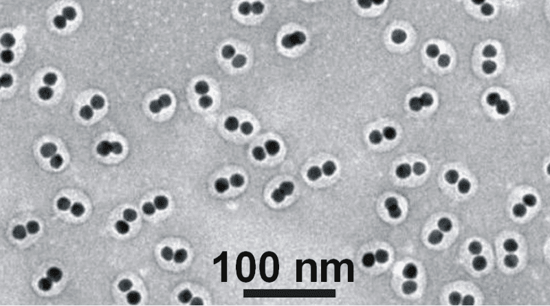 Transmission electron microscopy image showing several nanoscale particles next to a test tube with distinct colored layers; scale bar indicates 100 nm.